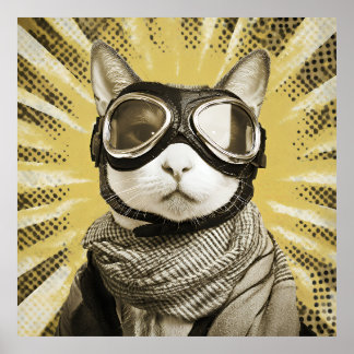 Aviator Cat Goggles Sunburst Portrait Poster