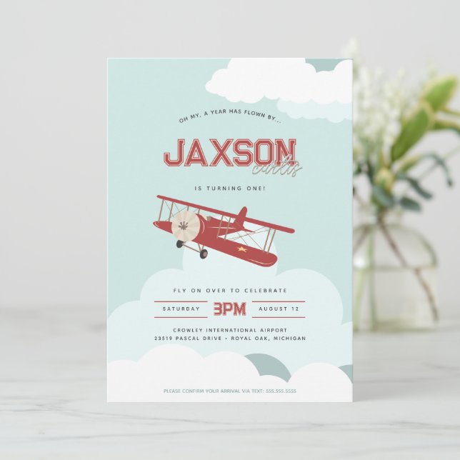 Aviator First Birthday Retro Aeroplane Invitation (Standing Front)