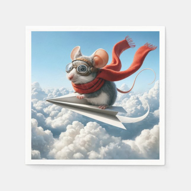Aviator Mouse Piloting a Paper Aeroplane Napkin (Front)