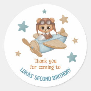 Aviator Party Custom Name Bear Birthday Thank you Classic Round Sticker