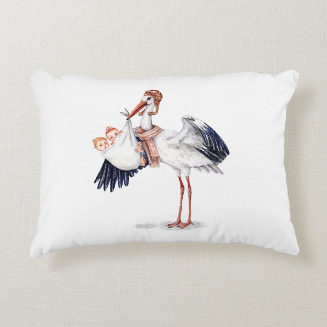 Aviator Stork Carrying Twins Decorative Cushion (Front)