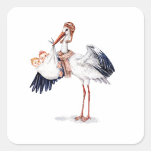 Aviator Stork Carrying Twins Square Sticker