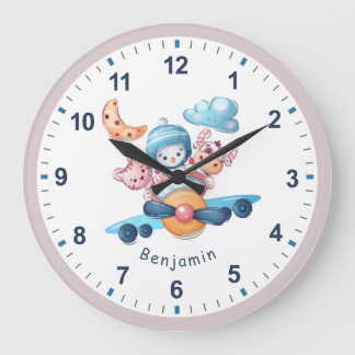 Aviator Toy Aeroplane Cute Animals Kid's Room Blue Large Clock
