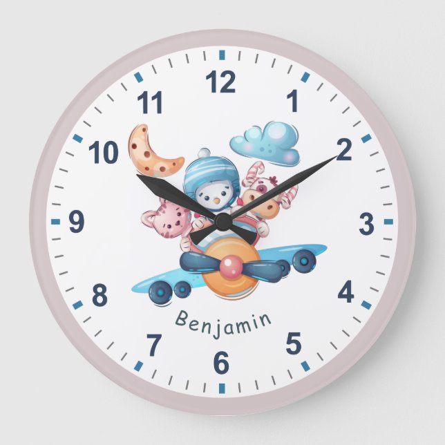 Aviator Toy Aeroplane Cute Animals Kid's Room Blue Large Clock (Front)