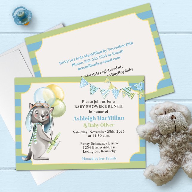 Aviator Wolf, Striped Baby Shower Invitation (Creator Uploaded)