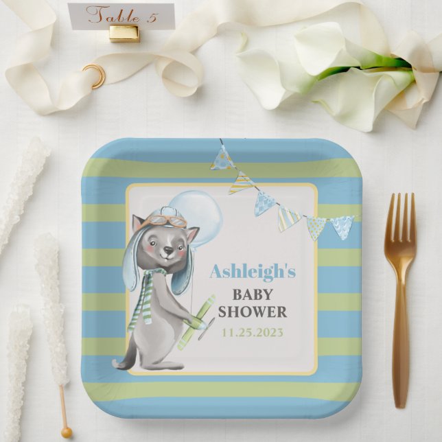 Aviator Wolf, Striped Baby Shower Paper Plate (Wedding)