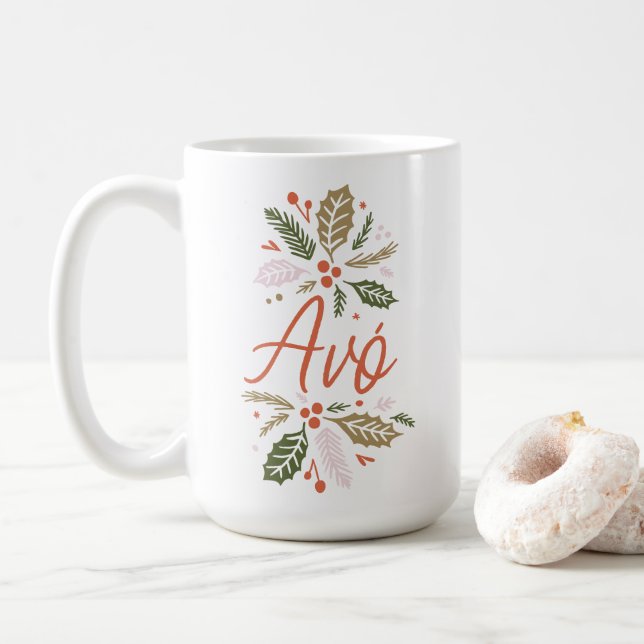 Avó Bright Holly Christmas Red Script Coffee Mug (With Donut)