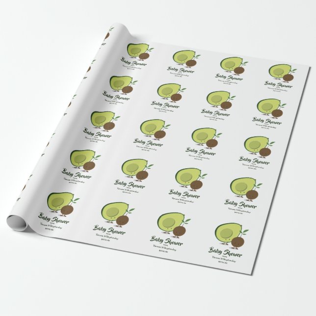 Avocado and Pit Cartoon Baby Shower Wrapping Paper (Unrolled)