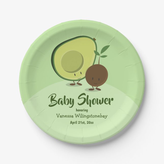 Avocado and Pit Cartoon Character Baby Shower Paper Plate (Front)