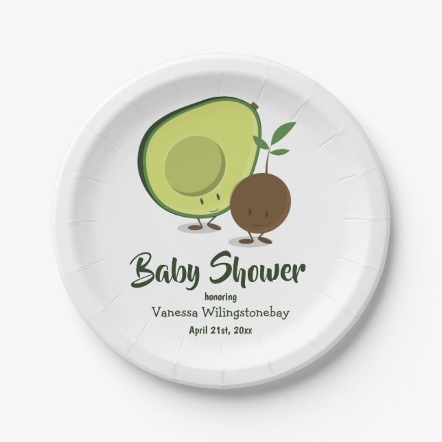 Avocado and Pit Cartoon Green White Baby Shower Paper Plate (Front)