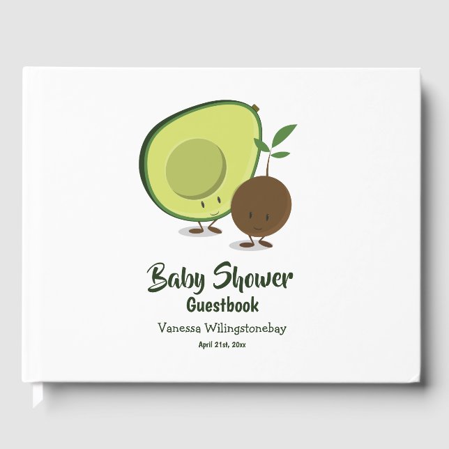 Avocado and Pit Cartoon White Green Baby Shower Guest Book (Front)