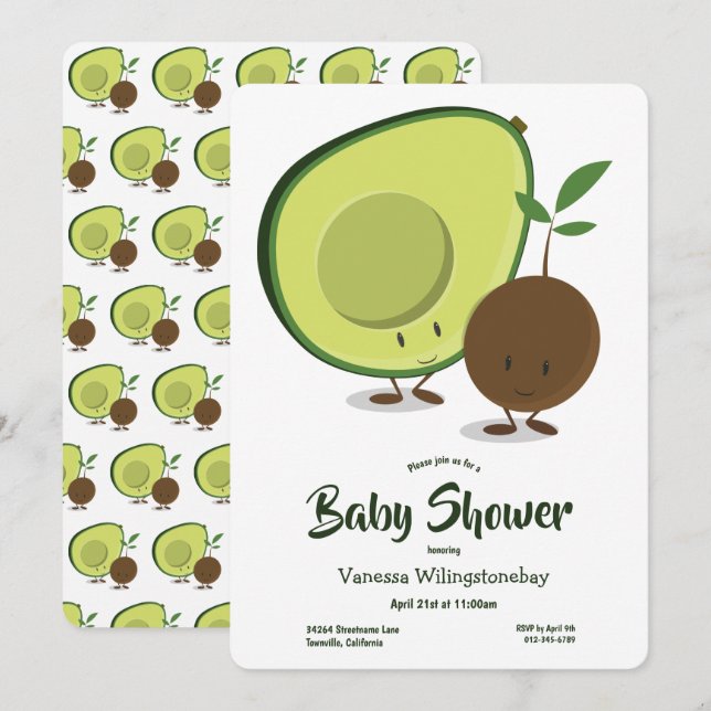 Avocado and Pit Cartoon White Green Baby Shower Invitation (Front/Back)