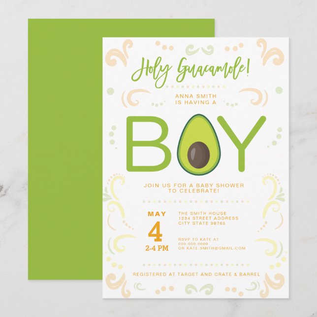 Avocado Baby Shower Boy Guacamole Taco Party Invitation (Front/Back)