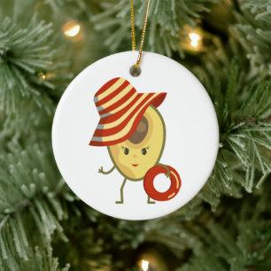 Avocado beach girl with sun hat and swim ring ceramic tree decoration