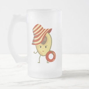 Avocado beach girl with sun hat and swim ring frosted glass beer mug