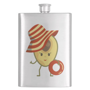 Avocado beach girl with sun hat and swim ring hip flask