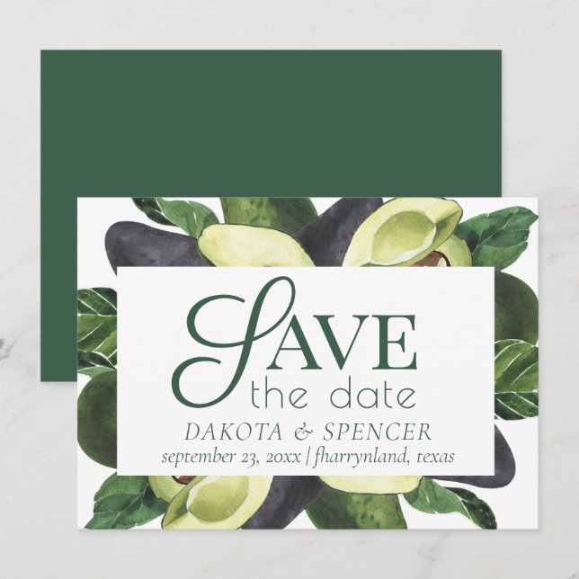 Avocado Blossoms | Dark Green Rustic Fruit Wedding Save The Date (Front/Back)