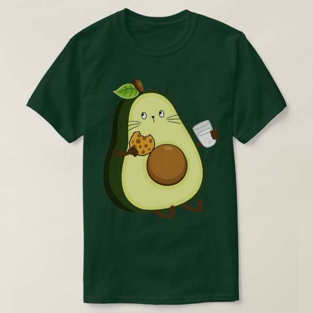 Avocado cat eating cookie and drinking milk T-Shirt (Design Front)