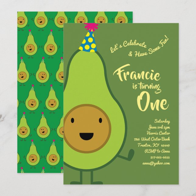 Avocado Colourful 1st Birthday Cute Invitations (Front/Back)