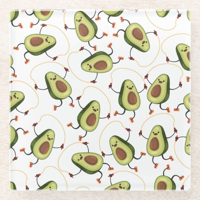 Avocado Fitness: Cute Vintage Pattern Glass Coaster (Front)