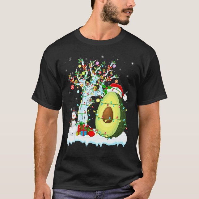 Avocado Fruit Xmas Tree Lighting Santa Hat Avocado T-Shirt (Front)