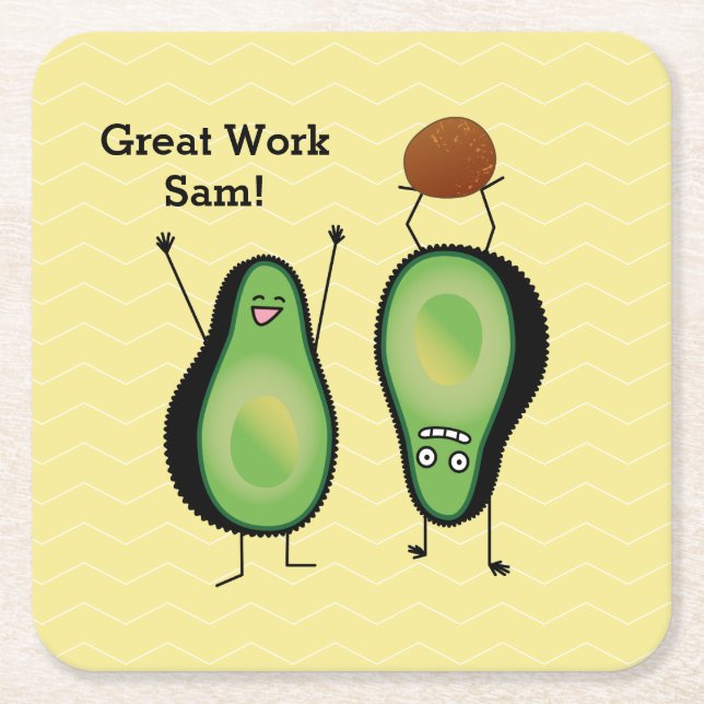 Avocado funny cheering handstand green pit square paper coaster (Front)