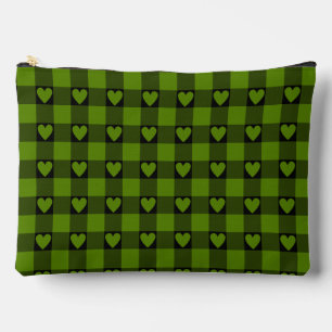 Avocado Green Black Buffalo Heart Plaid Accessory Pouch