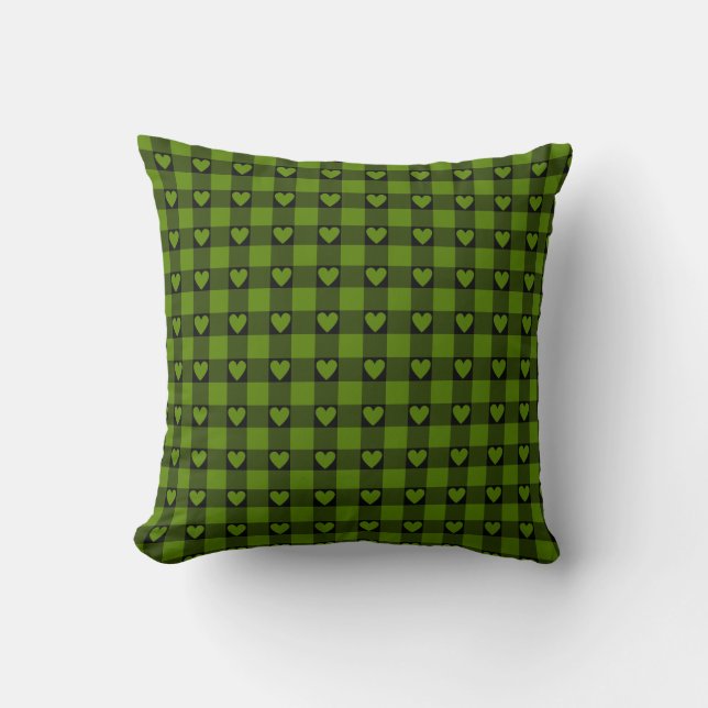 Avocado Green Black Buffalo Heart Plaid Cushion (Front)