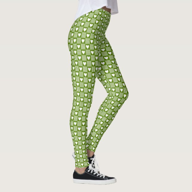 Avocado Green Gingham Heart Patch Plaid Leggings (Right)