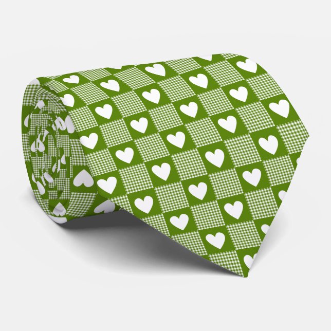 Avocado Green Gingham Heart Patch Plaid Neck Tie (Rolled)