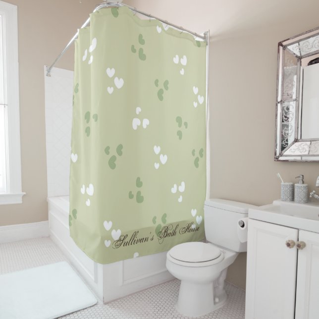 Avocado Green Love Hearts  Shower Curtain (In Situ)