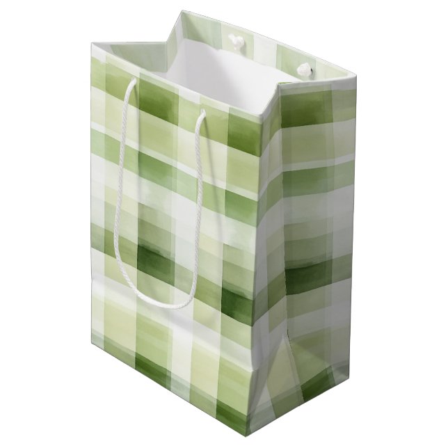 Avocado Green Plaid Stripes Birthday Medium Gift Bag (Front Angled)