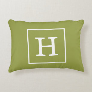 Avocado Green White Framed Initial Monogram Decorative Cushion