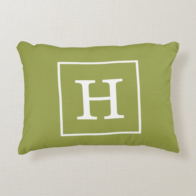Avocado Green White Framed Initial Monogram Decorative Cushion (Front)
