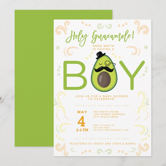 Avocado Holy Guacamole Boy Baby Shower Taco Party Invitation (Front/Back)