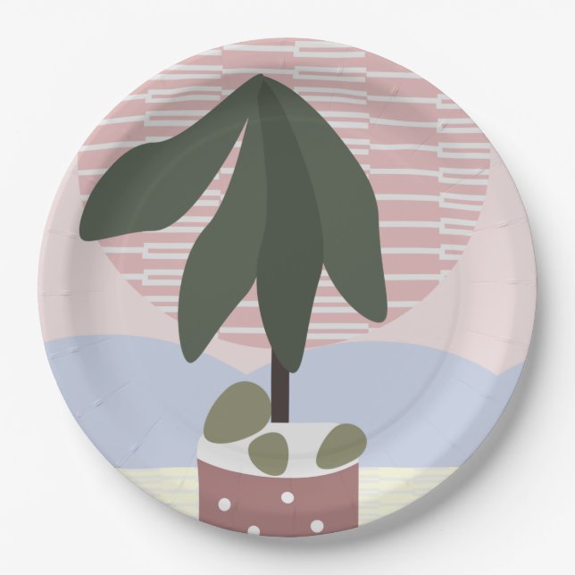 Avocado Tree Blush Muted Geometric Pink Green  Paper Plate (Front)