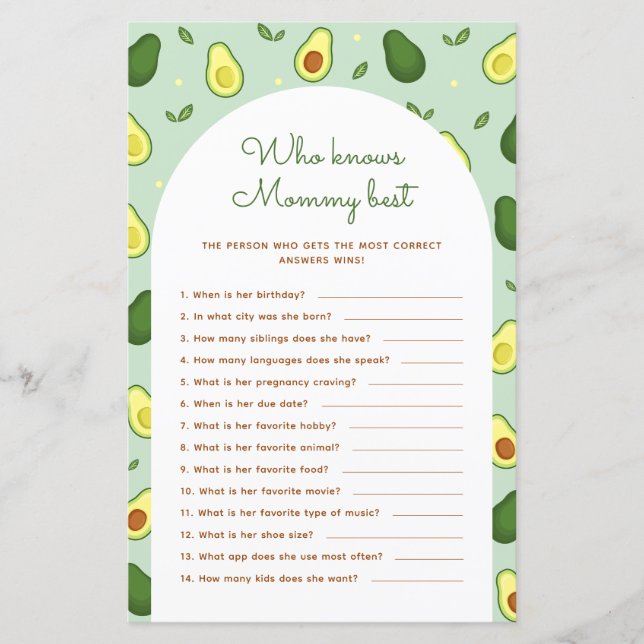 Avocado Who Knows Mummy Best Baby Shower Game (Front)