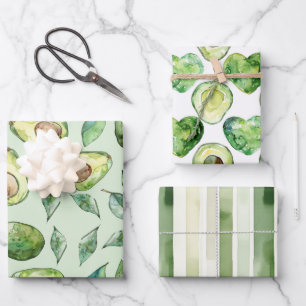 Avocados Hearts Green Plaid Stripes Birthday Wrapping Paper Sheet