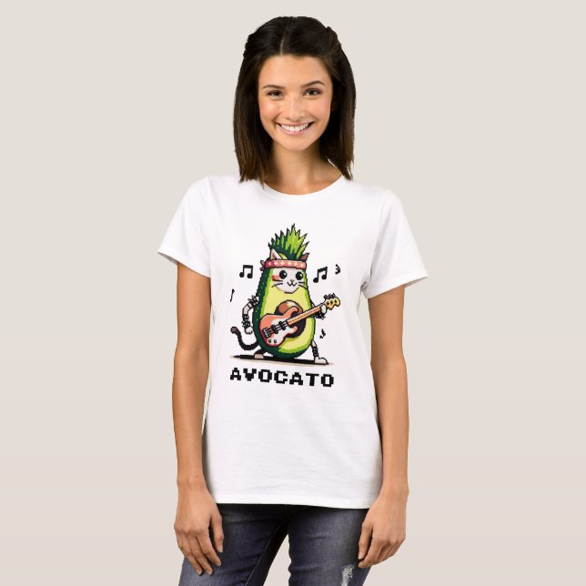 Avocato Bassist - Punk Cat Avocado Pixel Art T-Shirt (Front Full)