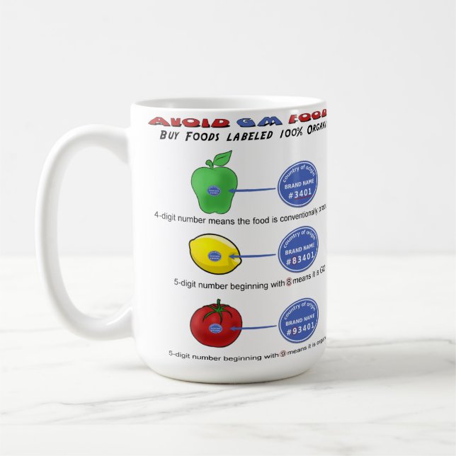 Avoid GM foods avoid 5 digit PLU starting with 8 Coffee Mug (Left)