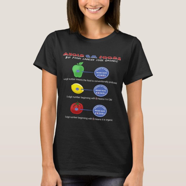 Avoid GM foods avoid 5 digit PLU starting with 8 T-Shirt (Front)