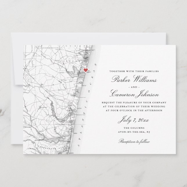 Avon-by-the-sea NJ Map Elegant Black White Wedding Invitation (Front)
