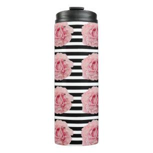 Avryl Fleur Pink Peony Black White Stripes Thermal Tumbler