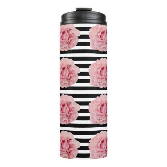 Avryl Fleur Pink Peony Black White Stripes Thermal Tumbler (Front)