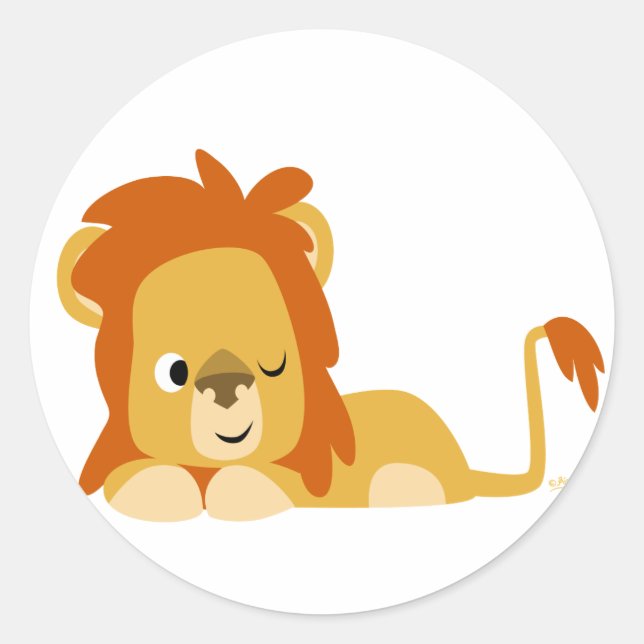 Awake Cartoon Lion round sticker (Front)
