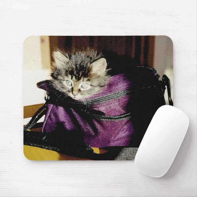 Awake Kitten In A Burgundy Purse Mouse Mat (With Mouse)