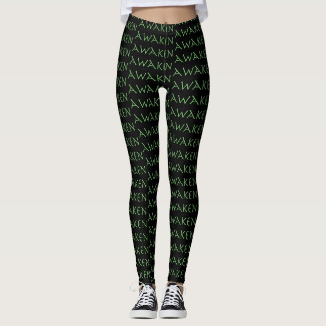Awaken in Green on Black Yoga Pants (Front)