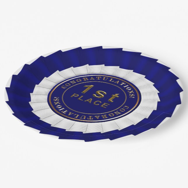 Award Ribbon, Blue-White-1st Place-Paper Plate (Angled)