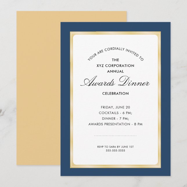 Awards Dinner Celebration | Navy Blue and Gold Invitation (Front/Back)