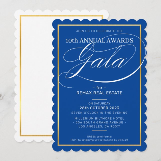 AWARDS GALA DINNER modern business royal blue gold Invitation (Front/Back)